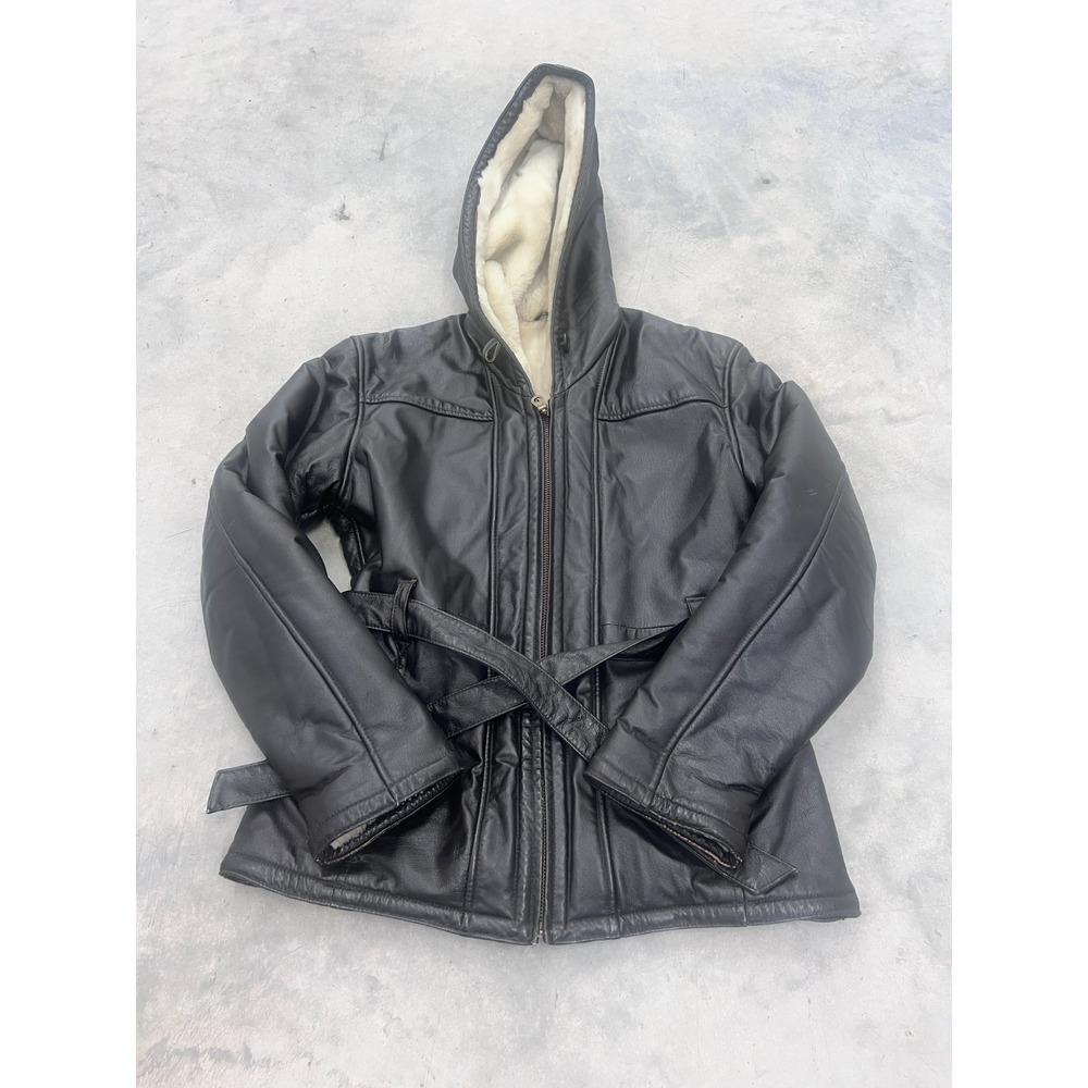 Vintage Wilsons Leather Jacket Womens Small Black Faux Fur Lined Belted Full Zip